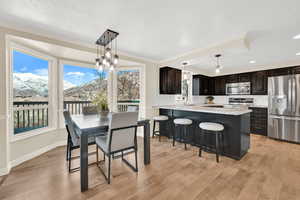 Dining room featuring baseboards, light wood finished floors, a mountain view, and crown molding