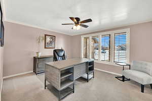 Home office featuring crown molding, baseboards, and light colored carpet