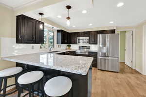 Kitchen featuring a peninsula, pendant lighting, stainless steel appliances, and dark brown cabinets