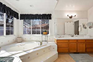 Bathroom featuring a tub with jets and vanity