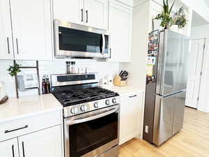 Kitchen featuring light countertops, light wood-style flooring, decorative backsplash, appliances with stainless steel finishes, and white cabinetry