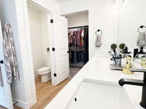 Bathroom featuring a walk in closet, double vanity, toilet, a sink, and wood finished floors