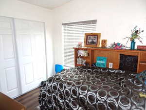Bedroom with dark wood-style flooring
