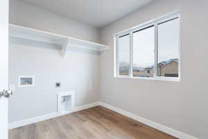 Washroom with laundry area, baseboards, light wood-style floors, and electric dryer hookup