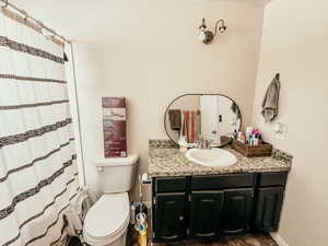 Bathroom featuring toilet, a shower with curtain, and vanity