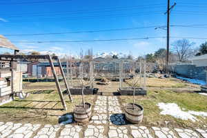 View of yard with a fenced backyard and a vegetable garden