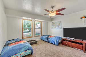 Carpeted bedroom with ceiling fan and a textured ceiling