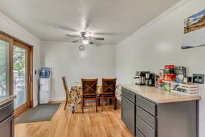 Kitchen with light wood-type flooring, gray cabinets, light countertops, and crown molding