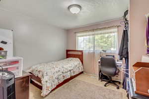 Bedroom featuring light carpet and a textured ceiling