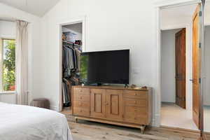 Bedroom with lofted ceiling, a spacious closet, a closet, and light wood-type flooring