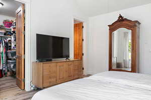 Bedroom with a walk in closet, a closet, vaulted ceiling, and light wood finished floors