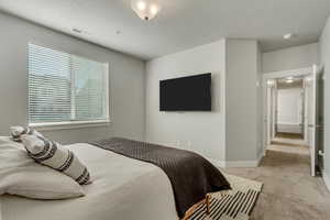 Bedroom featuring visible vents, light carpet, and baseboards