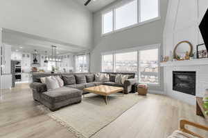 Living room featuring light hardwood / wood-style flooring, a towering ceiling, and a fireplace