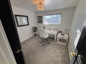 Carpeted office space featuring baseboards and a textured ceiling