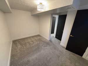 Finished below grade area featuring baseboards, visible vents, a textured wall, carpet, and a textured ceiling