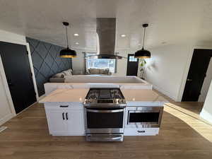 Kitchen featuring wood finished floors, white cabinets, open floor plan, appliances with stainless steel finishes, and island exhaust hood