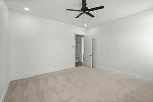 Bedroom room featuring carpet floors, recessed lighting and ceiling fan.
