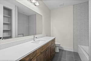 2nd level full bathroom with tile patterned flooring, tub and shower