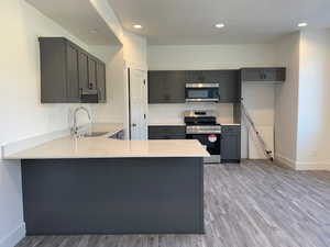 Kitchen featuring a peninsula, stainless steel appliances, light countertops, gray cabinetry, and a sink