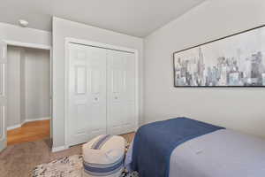 Carpeted bedroom featuring baseboards and a closet