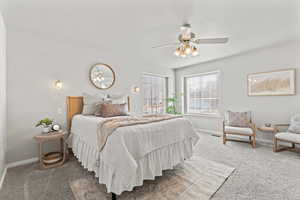 Bedroom featuring a ceiling fan, carpet, visible vents, and baseboards