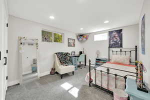 Bedroom with baseboards, carpet flooring, and recessed lighting