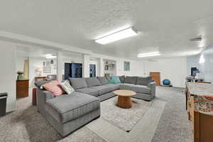 Carpeted living area with a textured ceiling