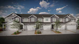 View of front facade featuring driveway, a garage, a residential view, and board and batten siding