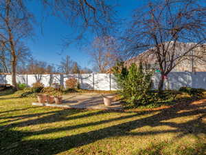 View of yard featuring fence and a patio