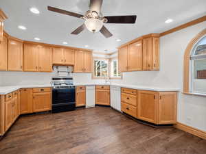 Kitchen with range with gas cooktop, dark wood-style floors, white dishwasher, light countertops, and a sink