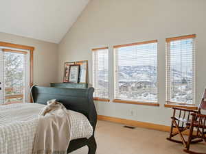 Carpeted bedroom featuring high vaulted ceiling, visible vents, and baseboards