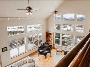 Interior space with light wood-type flooring, rail lighting, plenty of natural light, and high vaulted ceiling