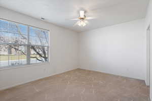 Empty room featuring light colored carpet, visible vents, ceiling fan, a textured ceiling, and baseboards