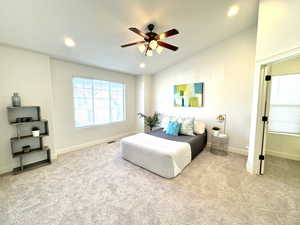 Bedroom featuring lofted ceiling, recessed lighting, baseboards, and light colored carpet