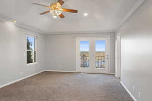 Spare room featuring ornamental molding, plenty of natural light, and carpet