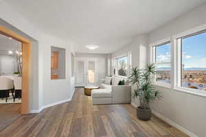 Living area featuring an inviting chandelier and dark hardwood / wood-style floors