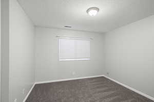 Carpeted empty room with a textured ceiling