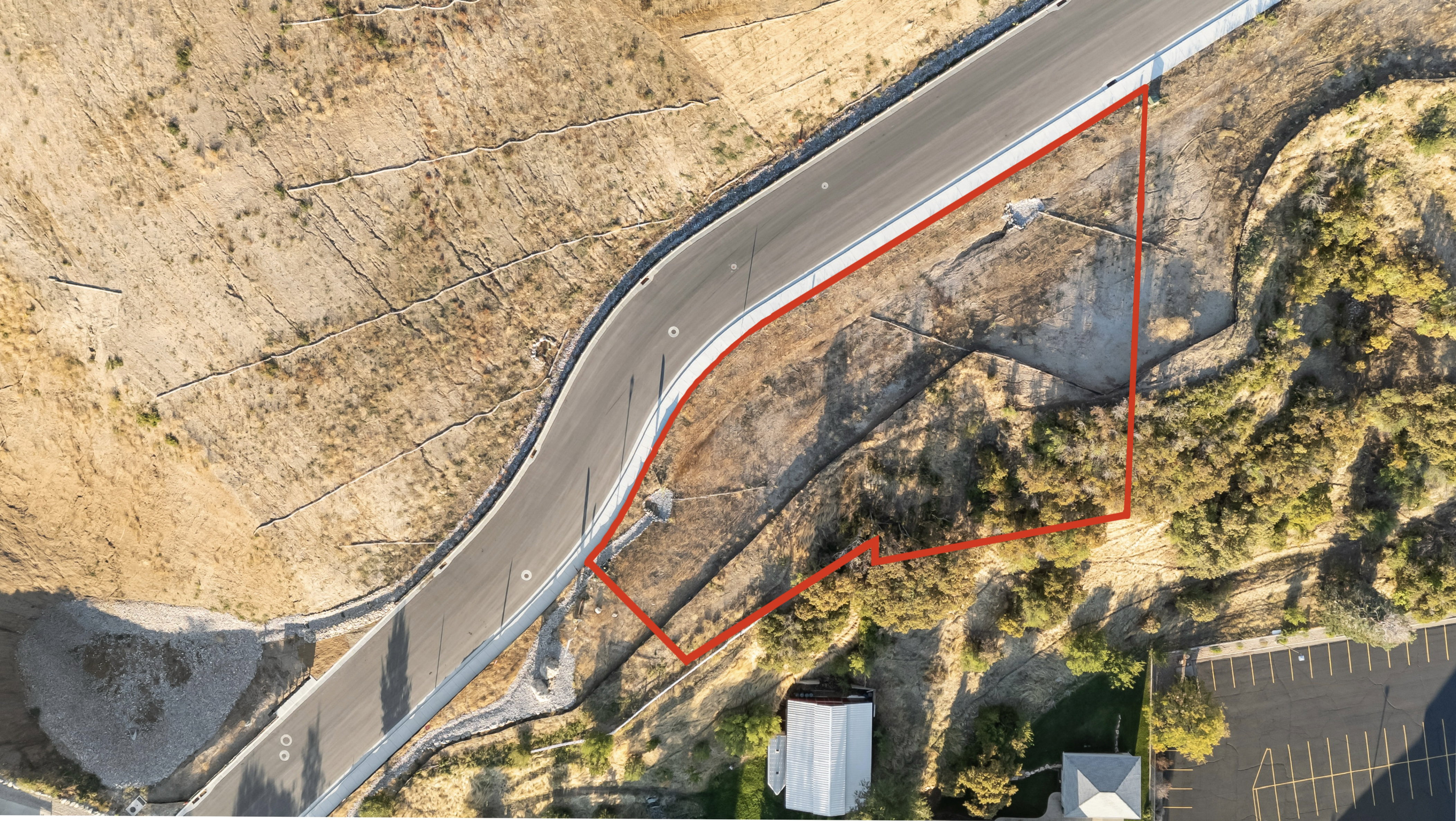 Aerial view of property's location with property parcel outlined