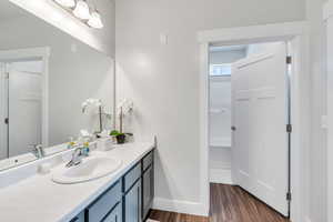 Master Bathroom with baseboards, wood finished floors, and vanity