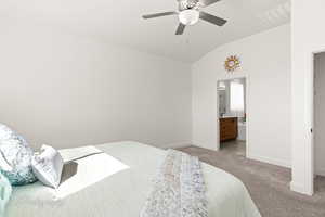 Bedroom with light carpet, baseboards, visible vents, a ceiling fan, and vaulted ceiling