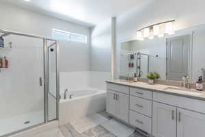 Full bathroom featuring a garden tub, double vanity, a stall shower, and a sink