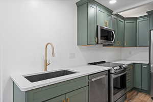 Kitchen featuring green cabinets, dark wood-type flooring, stainless steel appliances, and a sink