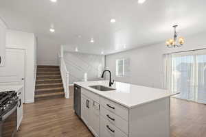 Kitchen with wood finished floors, light countertops, stainless steel appliances, a sink, and recessed lighting