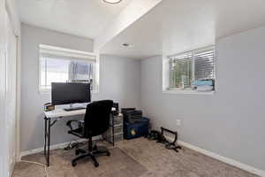 Home office with carpet floors, visible vents, a textured ceiling, and baseboards