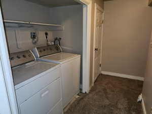 Laundry area with carpet floors, laundry area, baseboards, and separate washer and dryer