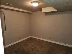 Carpeted spare room with a textured ceiling, visible vents, and baseboards