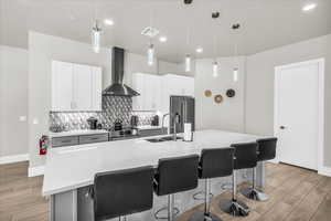 Kitchen with stainless steel appliances, a sink, visible vents, wall chimney range hood, and tasteful backsplash