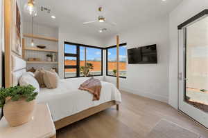 Bedroom with recessed lighting, visible vents, a ceiling fan, light wood-type flooring, and baseboards