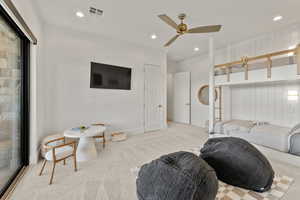 Bedroom featuring recessed lighting, light colored carpet, a ceiling fan, baseboards, and visible vents