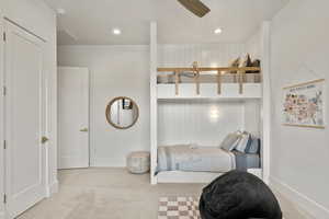 Bedroom featuring recessed lighting, baseboards, and light colored carpet